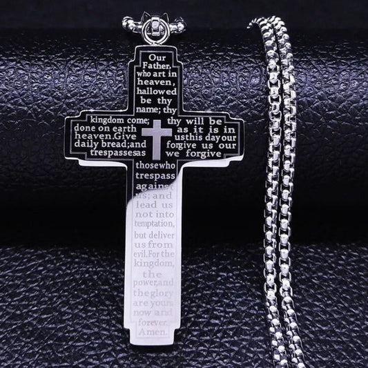 Lords Prayer Engraved Cross Necklace: Stainless Steel Elegance