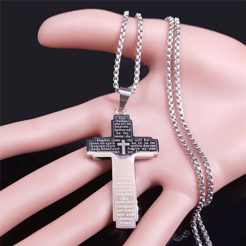 Lords Prayer Engraved Cross Necklace: Stainless Steel Elegance