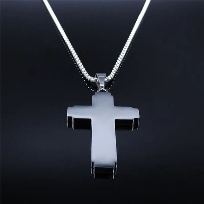 Lords Prayer Engraved Cross Necklace: Stainless Steel Elegance