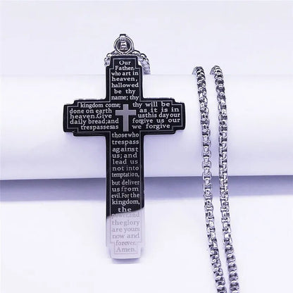 Lords Prayer Engraved Cross Necklace: Stainless Steel Elegance