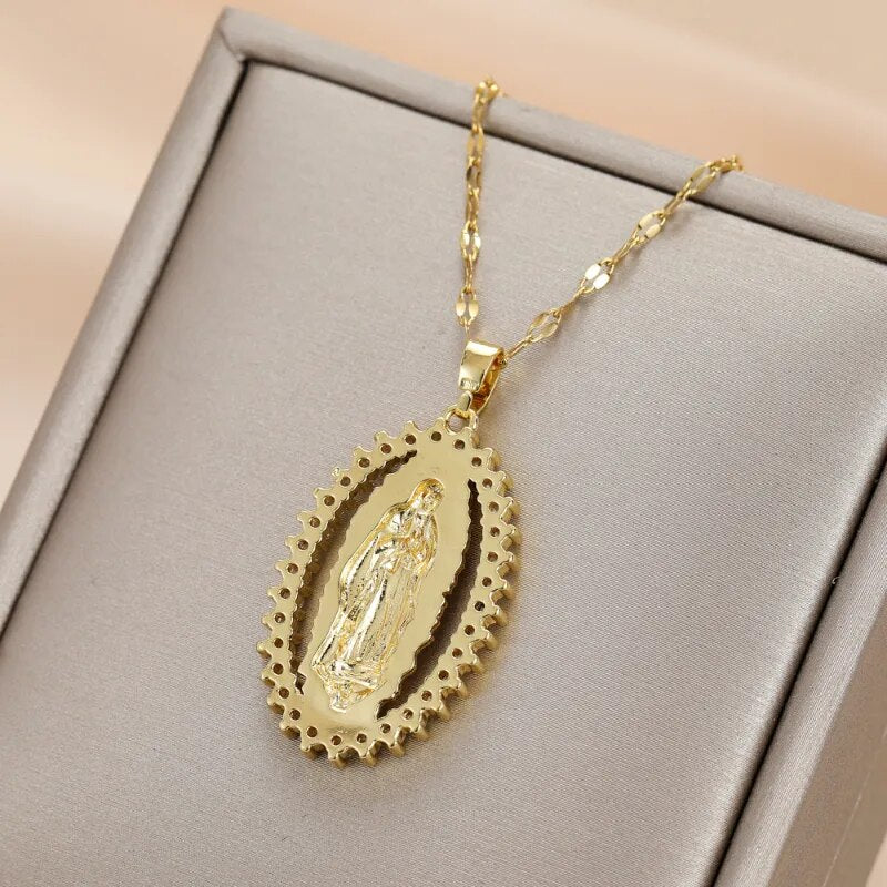 Virgin Mary Religious Pendant Necklace for Women