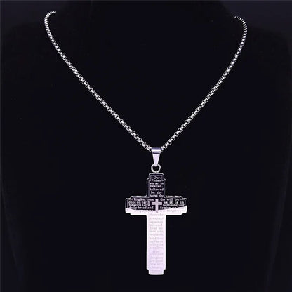 Lords Prayer Engraved Cross Necklace: Stainless Steel Elegance