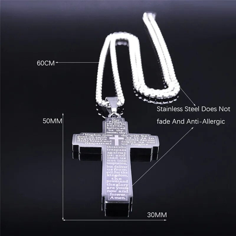 Lords Prayer Engraved Cross Necklace: Stainless Steel Elegance